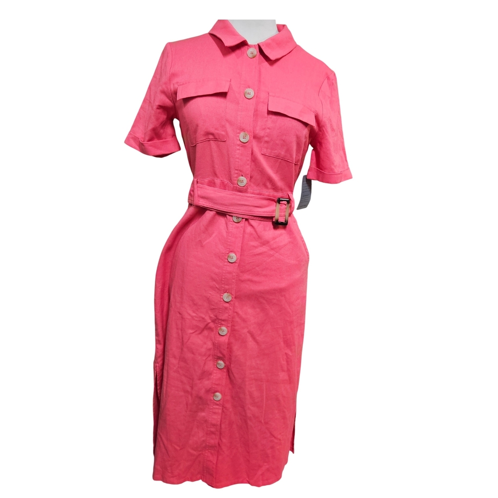 MELLODAY Linen Blend Belted Midi‎ Shirt Dress Women's Size S Pink NWT